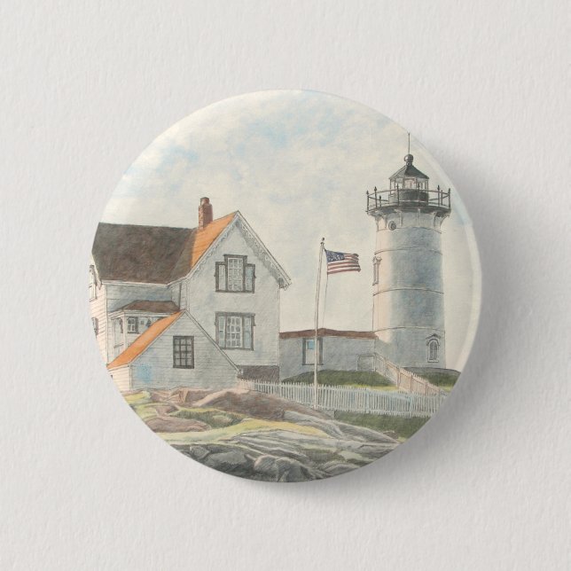 Cape Neddick Lighthouse Watercolor 2 Inch Round Button (Front)