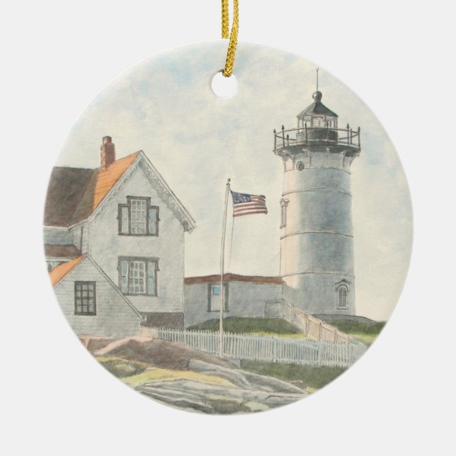Cape Neddick Lighthouse Watercolor Ceramic Ornament (Front)