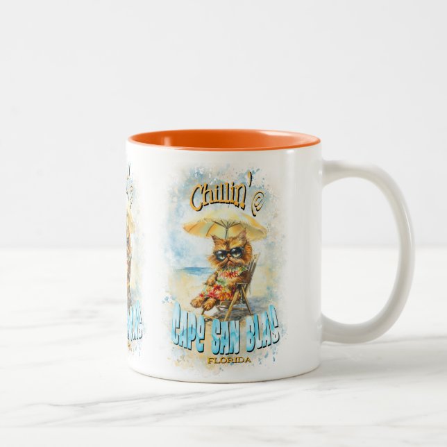 Cape San Blas Florida Beach Lounging Cat Two-Tone Coffee Mug (Right)
