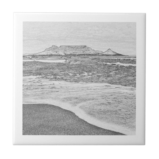Cape Town Table Mountain Beach Ocean Sketch Tile (Front)