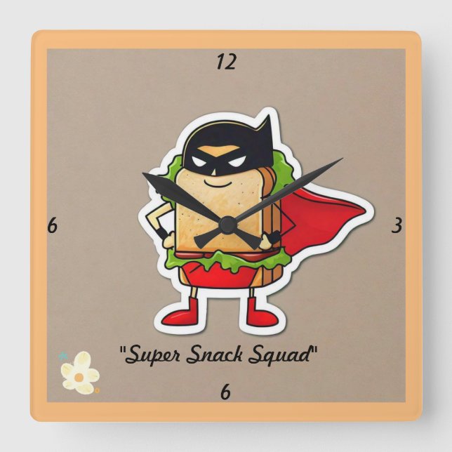"Caped Food Fun" Square Wall Clock (Front)