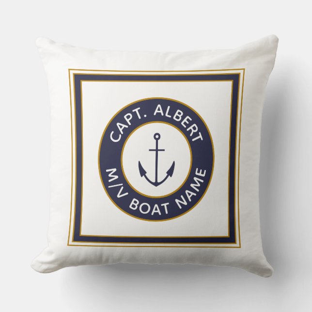 Capitaine Votre nom Marine White Ancre Coussin (Recto)