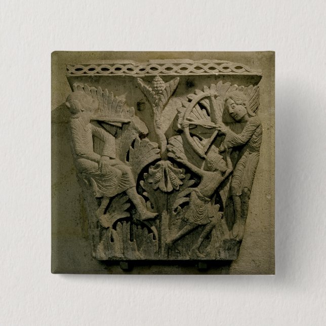 Capital depicting a man shooting an arrow into the 2 inch square button (Front)