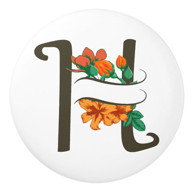 Capital letter H floral monogram Ceramic Knob (Front)