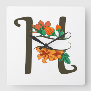 Capital letter H floral monogram Square Wall Clock