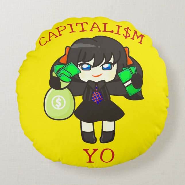Capitalism Yo - Anime Money Girl Hustle  Round Pillow (Front)