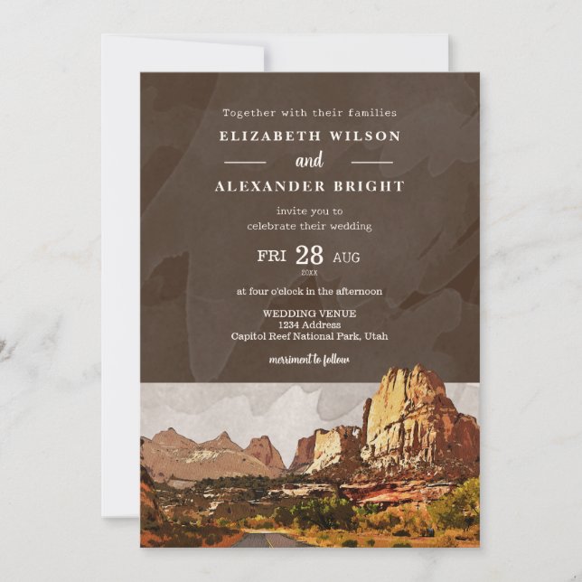 Capitol Reef NP Utah Desert Watercolor Wedding Invitation (Front)
