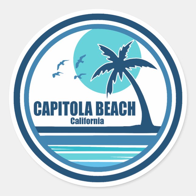 Capitola Beach California Palm Tree Birds Classic Round Sticker (Front)