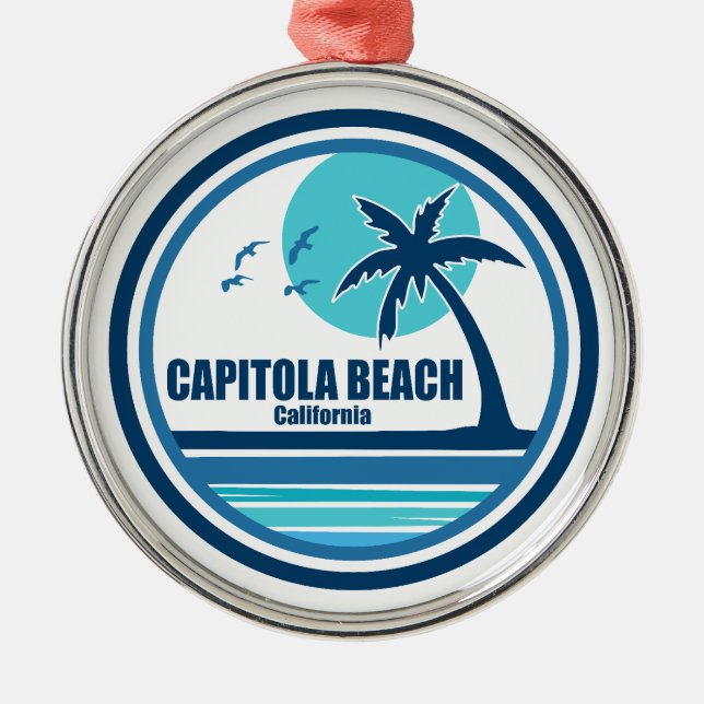 Capitola Beach California Palm Tree Birds Metal Ornament (Front)