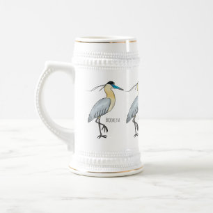 Capped heron bird cartoon illustration beer stein