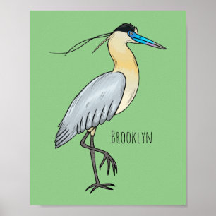 Capped heron bird cartoon illustration poster
