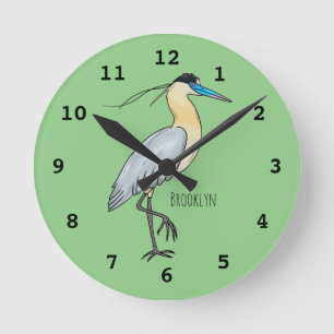 Capped heron bird cartoon illustration  round clock