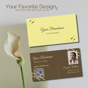 Cappuccino Beige Gold Lines with Photo and QR Code Business Card