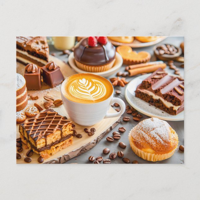 Cappuccino with assorted pastries and chocolate ca holiday postcard (Front)