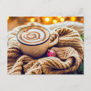 Cappuccino with Christmas ornament in blanket Holiday Postcard