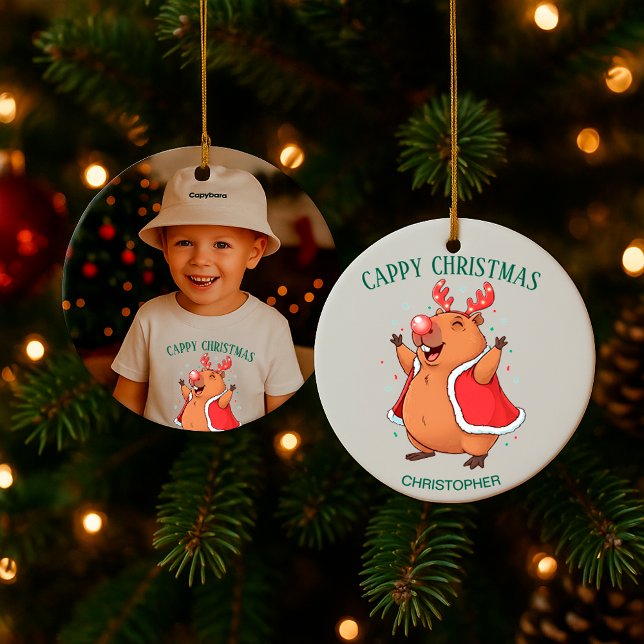 Cappy Christmas Funny Capybara Custom Photo & Name Ceramic Ornament (Creator Uploaded)