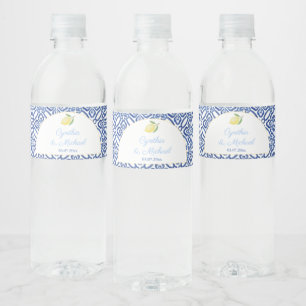 Capri Arch Shape Lemons Blue Tiles Wedding Party Water Bottle Label