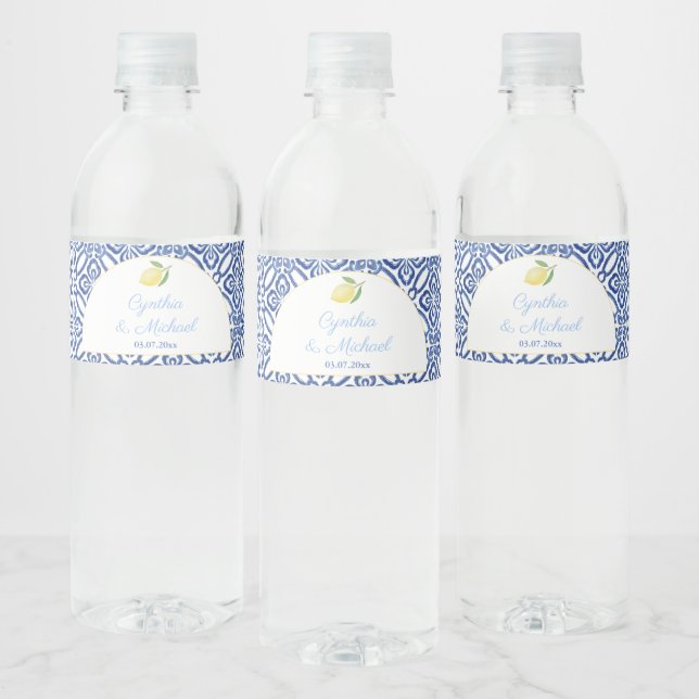 Capri Arch Shape Lemons Blue Tiles Wedding Party Water Bottle Label (Bottles)