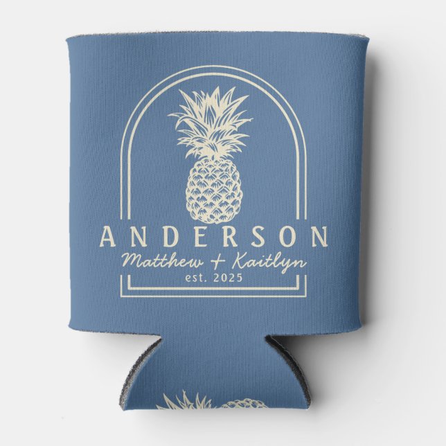 Capri Blue Pineapple Wedding Arch & Name Can Cooler (Front)