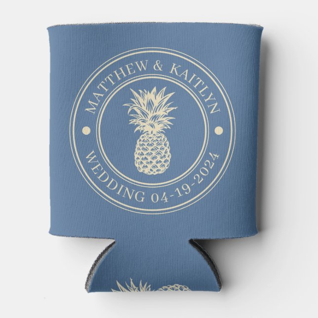 Capri Blue Pineapple Wedding Crest & Names Can Cooler (Front)