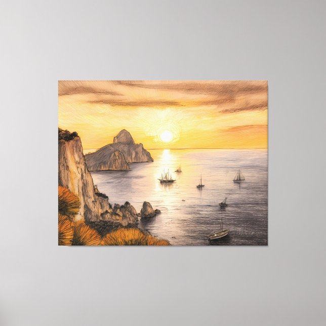 Capri faraglioni rocks ocean sunset drawing with s canvas print (Front)