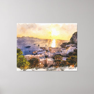 Capri island sunset painting with harbor and boats canvas print