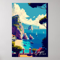 Capri Italy Art vintage travel illustration