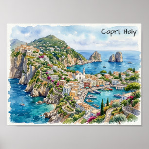 Capri Italy Travel Watercolor Minimalist Travel Poster