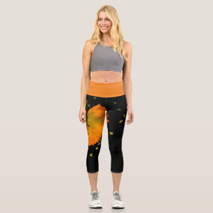 Capri Leggings Orange Leaf & Black