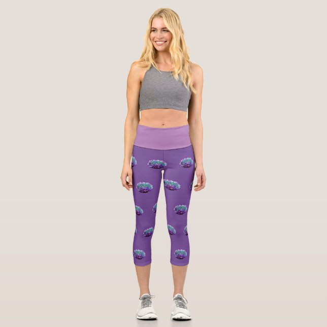 Capri Leggings Purple Puffs of Flowers (Front)