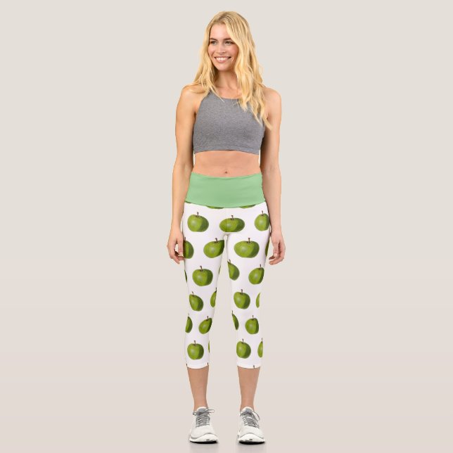 Capri Leggings with a Green Apple Design (Front)