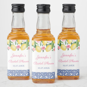 Capri Lemons Blue White Tile Wedding Shower Favour Liquor Bottle Label