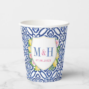 Capri Lemons Blue White Tiles Wedding Crest Shower Paper Cups