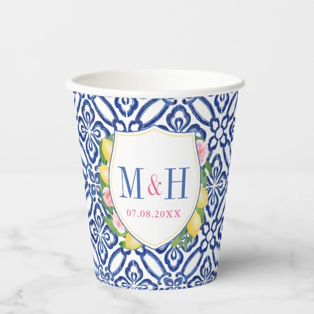 Capri Lemons Blue White Tiles Wedding Crest Shower Paper Cups (Front)