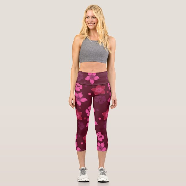 Capri Tons de rose hawaïen Imprimer Leggings de yoga (Recto)