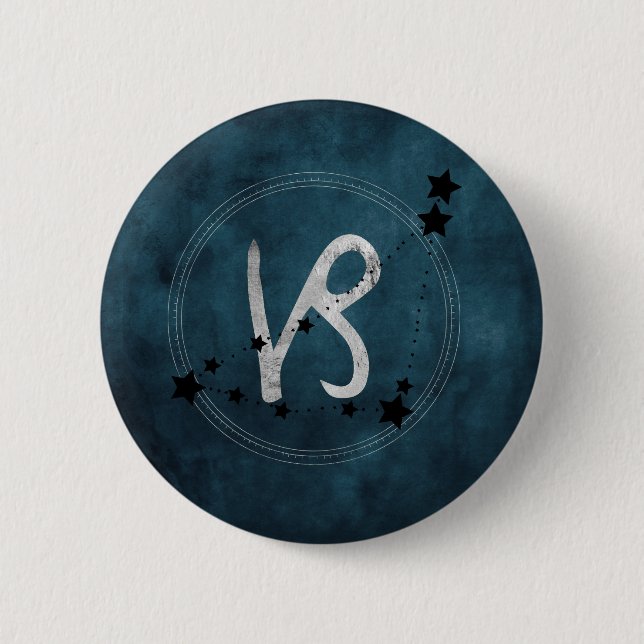 Capricorn black & silver zodiac constellation teal 2 inch round button (Front)