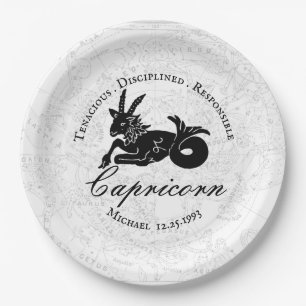 Capricorn Black White Zodiac Astrology Vintage  Paper Plate