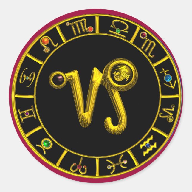 CAPRICORN GOLD ZODIAC SIGN JEWEL CLASSIC ROUND STICKER (Front)