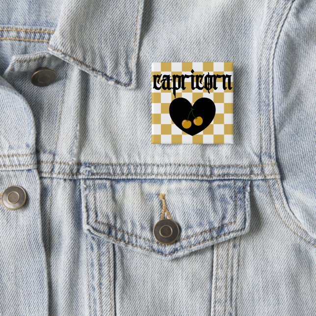 Capricorn Gothic Aesthetic Checkered Cherries Art 2 Inch Square Button (In Situ)