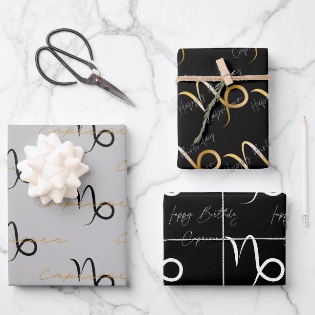 Capricorn Grey/ Black Birthday Wrapping Paper Sheet (Front)