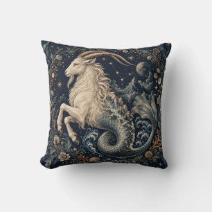 Capricorn Midnight Botanical Engraving Throw Pillow