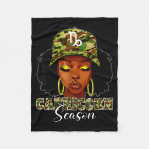 Capricorn Season Black Woman With Camo Hat Birthda Fleece Blanket