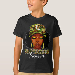 Capricorn Season Black Woman With Camo Hat Birthda T-Shirt
