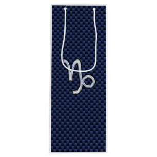 Capricorn Symbol Navy Carbon Fibre Style Wine Gift Bag