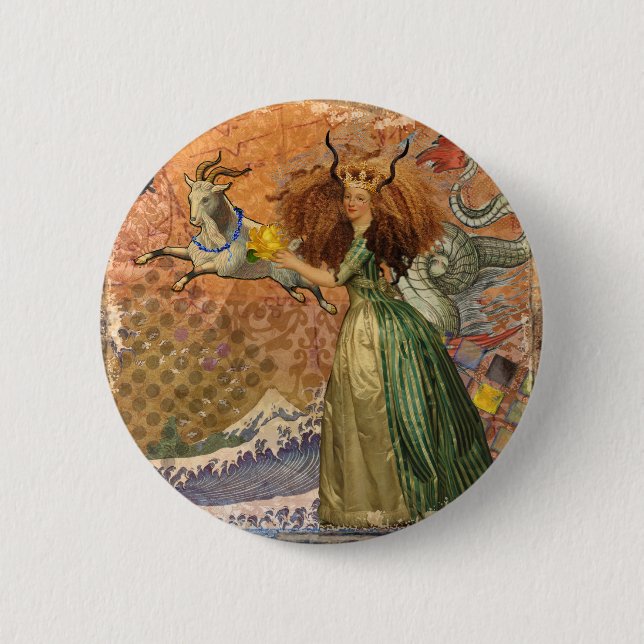 Capricorn Woman Goat Whimsical Fun 2 Inch Round Button (Front)