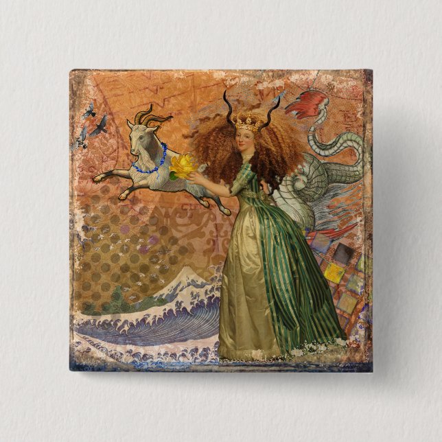 Capricorn Woman Goat Whimsical Fun 2 Inch Square Button (Front)
