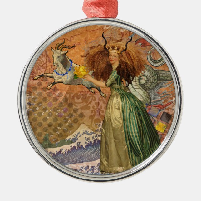 Capricorn Woman Goat Whimsical Fun Metal Ornament (Front)