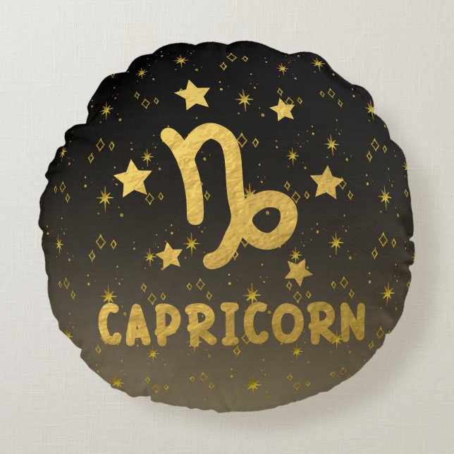 Capricorn Zodiac Black and Gold Round Pillow (Front)