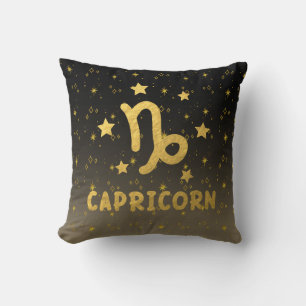 Capricorn Zodiac Black and Gold Throw Pillow