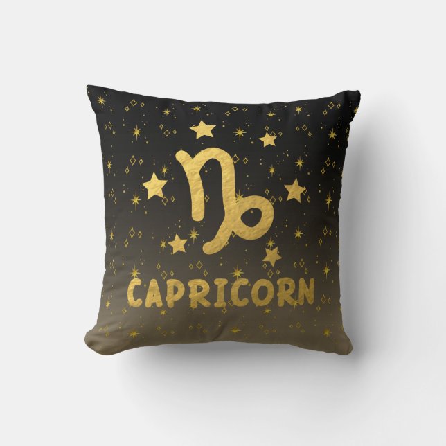 Capricorn Zodiac Black and Gold Throw Pillow (Front)
